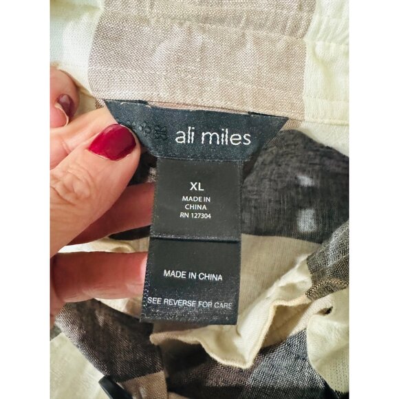 Ali Miles Plaid Linen-Cotton Shacket Jacket XL Black Cream Tan Artsy Lagenlook - Picture 6 of 10